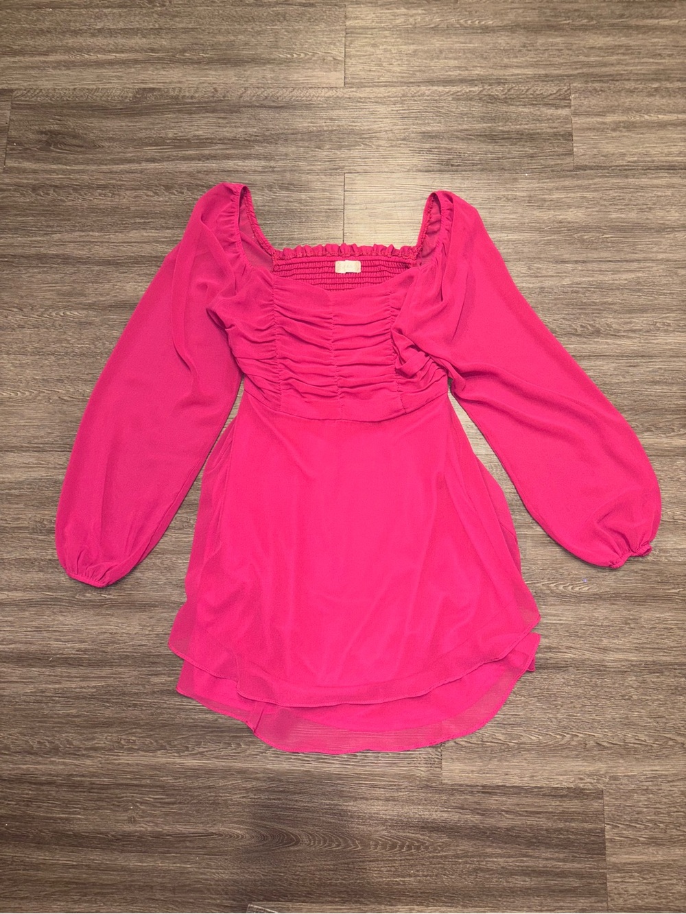 Altar'd State Hot Pink Ruched Square Neck Long Sleeve Dress